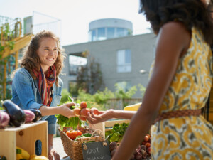 Buying food at a farmer's market