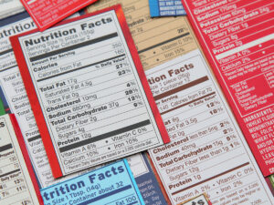 Nutrition labels from food that is high in fat, sugar, and sodium.