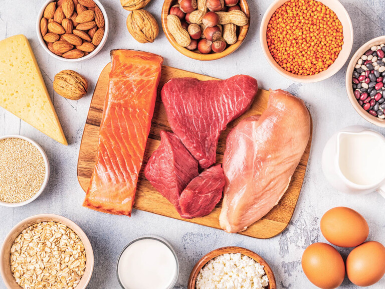 A representation of protein sources, including salmon, beef, chicken, eggs, nuts, and beans.